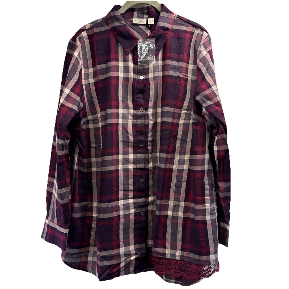 LOGO Lori Goldstein Women's Top Sz Large Plaid Button‎ Up 100% Cotton Pockets